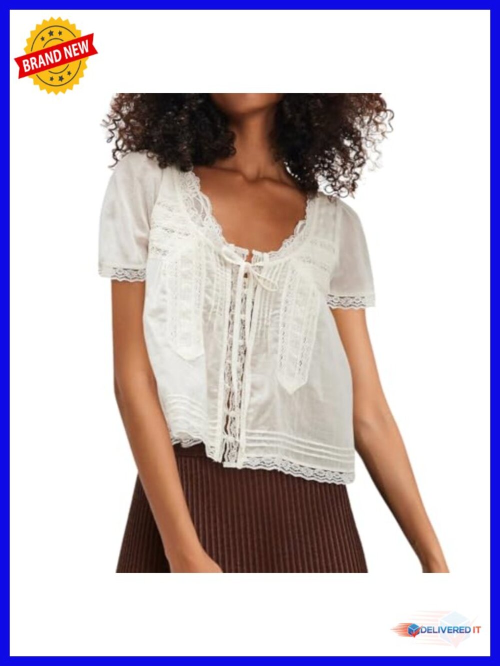 Boho Lace Trim Tie Front Crop Tee Short Sleeve Semi Sheer Flowy Tunic